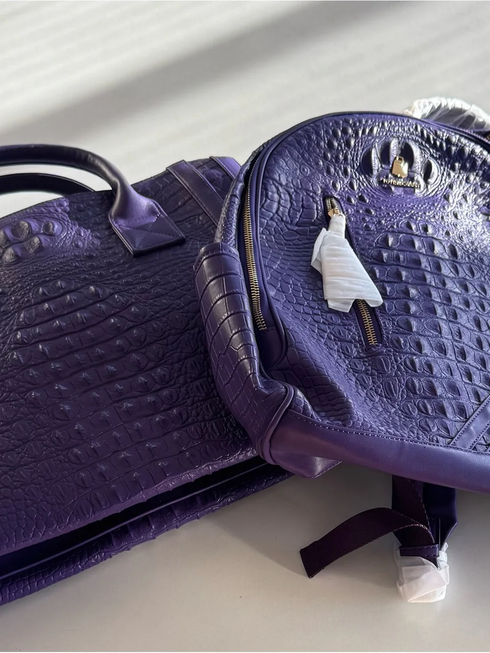 Tote&Carry Purple Croc Embossed Backpack Duffle Bag Set Weekender Travel NWT